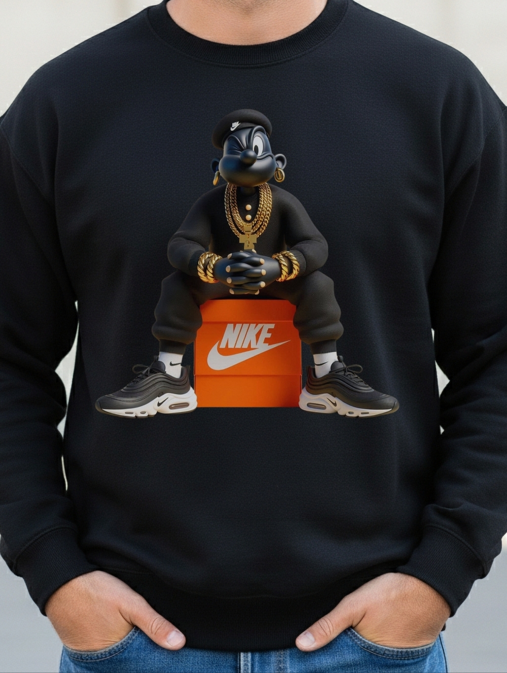 Black Graphic Crewneck Sweater with Orange Nike Box Print